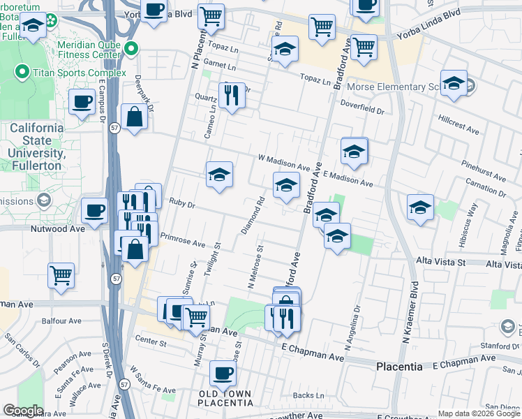 map of restaurants, bars, coffee shops, grocery stores, and more near 314 Emerald Way in Placentia