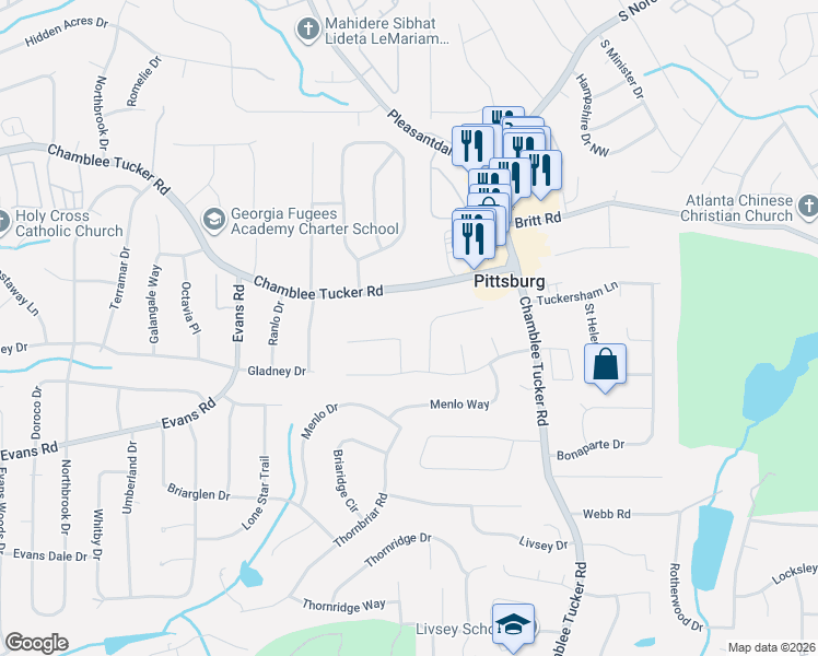 map of restaurants, bars, coffee shops, grocery stores, and more near 3029 Wembley Ridge in Doraville