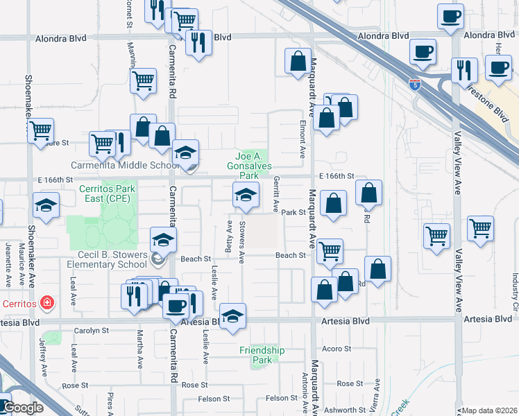 map of restaurants, bars, coffee shops, grocery stores, and more near 16719 Laurelbrook Way in Cerritos