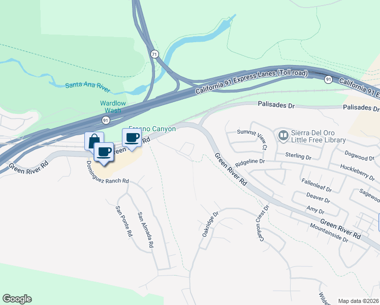 map of restaurants, bars, coffee shops, grocery stores, and more near 980 Nicholas Place in Corona
