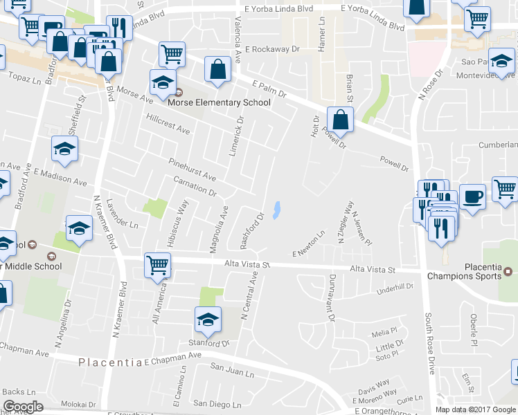 map of restaurants, bars, coffee shops, grocery stores, and more near 1005 Rashford Drive in Placentia