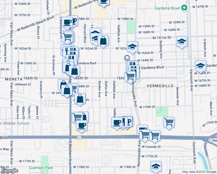 map of restaurants, bars, coffee shops, grocery stores, and more near 16720 Dalton Avenue in Gardena