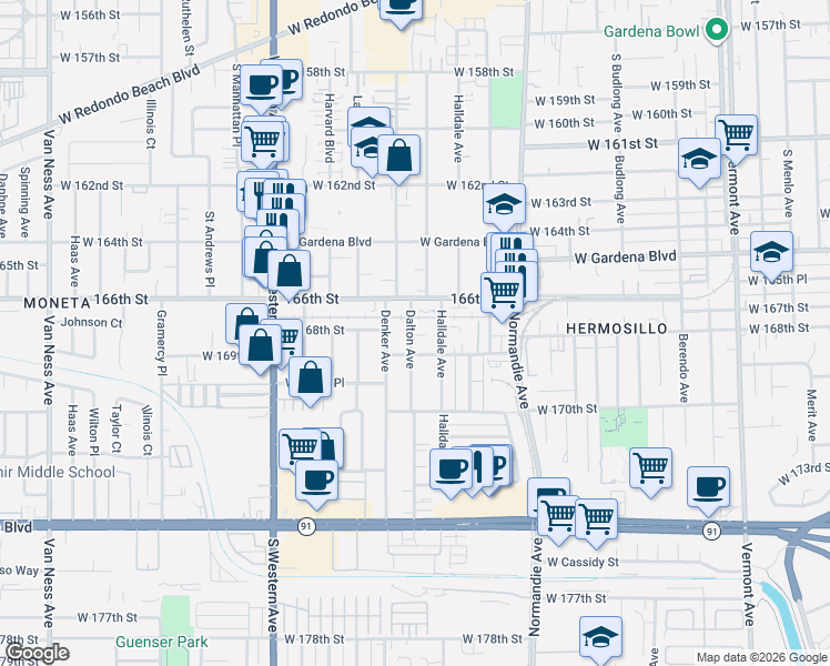 map of restaurants, bars, coffee shops, grocery stores, and more near 16722 Dalton Avenue in Gardena