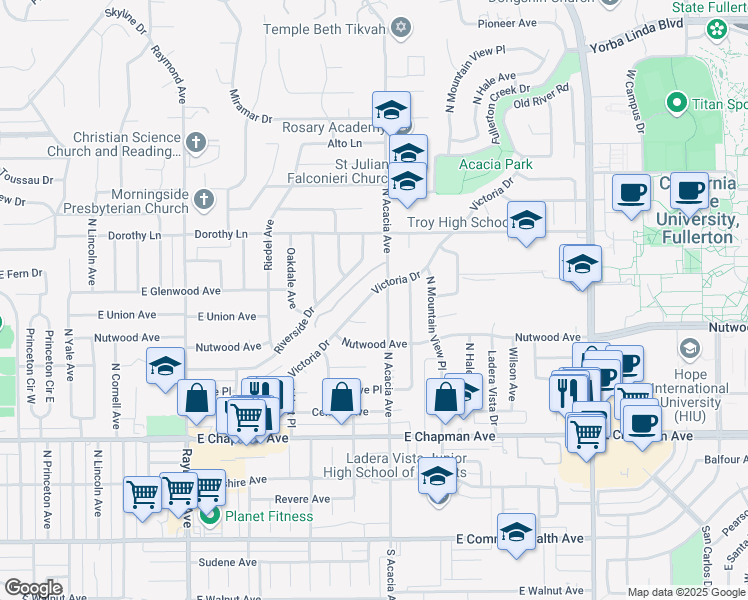 map of restaurants, bars, coffee shops, grocery stores, and more near 1636 Victoria Drive in Fullerton