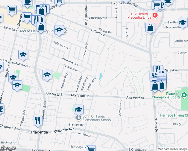 map of restaurants, bars, coffee shops, grocery stores, and more near 1005 Rashford Drive in Placentia