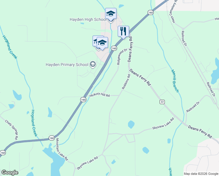 map of restaurants, bars, coffee shops, grocery stores, and more near 59 Ridgewood Drive in Hayden