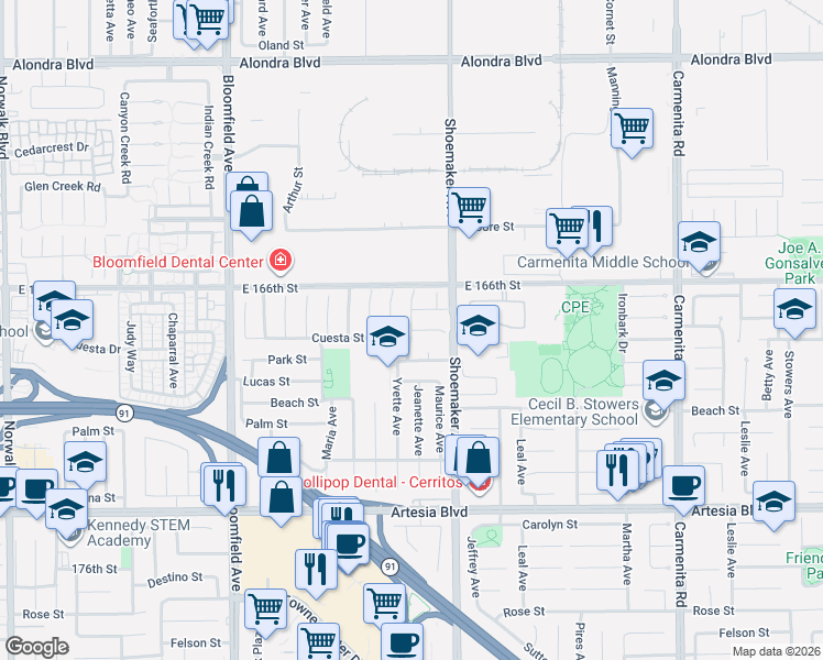 map of restaurants, bars, coffee shops, grocery stores, and more near 12450 Cuesta Lane in Cerritos