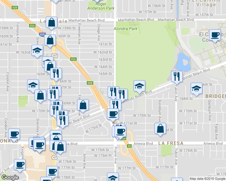 map of restaurants, bars, coffee shops, grocery stores, and more near 16711 Prairie Avenue in Lawndale