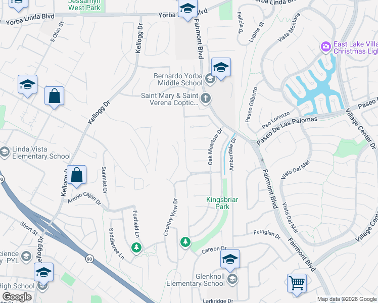 map of restaurants, bars, coffee shops, grocery stores, and more near 5642 Lynnbrook Plaza in Yorba Linda