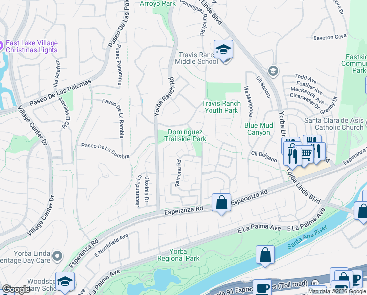 map of restaurants, bars, coffee shops, grocery stores, and more near 21123 Vía Corrillo in Yorba Linda