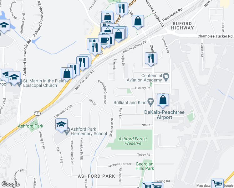 map of restaurants, bars, coffee shops, grocery stores, and more near 1796 Hickory Road in Chamblee