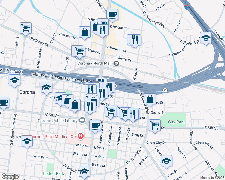 map of restaurants, bars, coffee shops, grocery stores, and more near 206 South Victoria Avenue in Corona