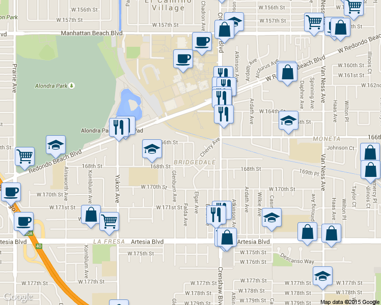 map of restaurants, bars, coffee shops, grocery stores, and more near 16623 Ogram Avenue in Torrance