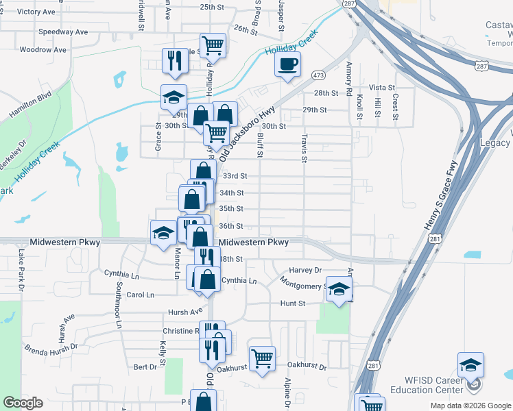 map of restaurants, bars, coffee shops, grocery stores, and more near 1400 35th Street in Wichita Falls