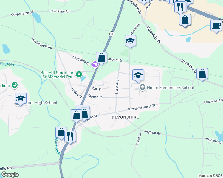 map of restaurants, bars, coffee shops, grocery stores, and more near 185 North Avenue in Hiram