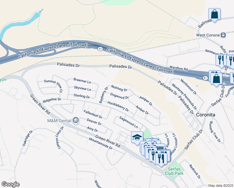 map of restaurants, bars, coffee shops, grocery stores, and more near 3155 Dogwood Drive in Corona