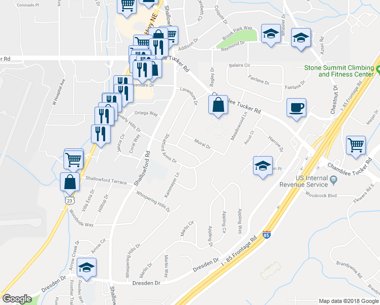 map of restaurants, bars, coffee shops, grocery stores, and more near 2578 Beverly Hills Drive in Atlanta