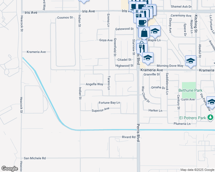 map of restaurants, bars, coffee shops, grocery stores, and more near 24743 Angella Way in Moreno Valley