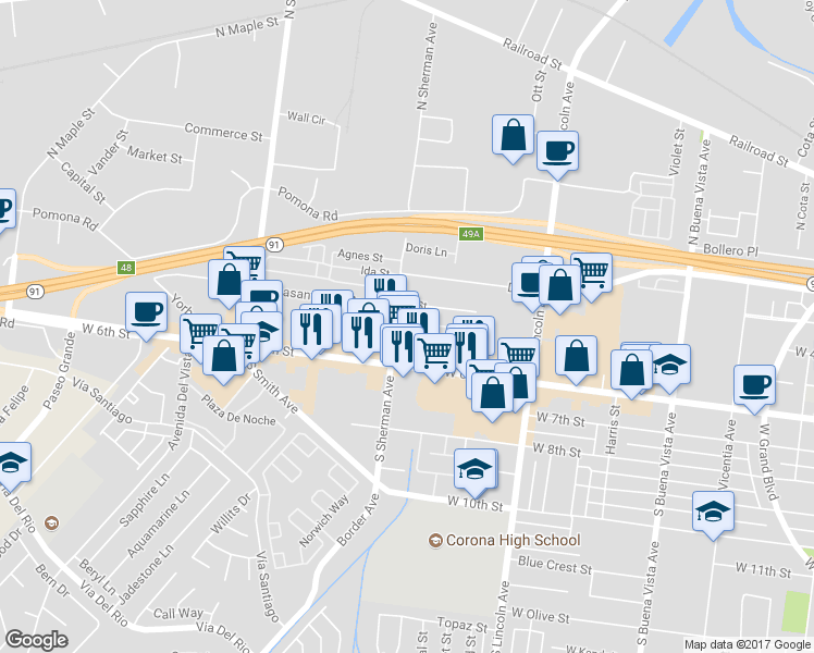 map of restaurants, bars, coffee shops, grocery stores, and more near 80 Summerwood Court in Corona