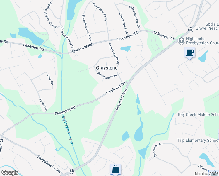 map of restaurants, bars, coffee shops, grocery stores, and more near 1169 Pinehurst Road in Grayson