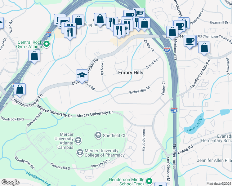map of restaurants, bars, coffee shops, grocery stores, and more near 3196 Embry Hills Drive in Chamblee