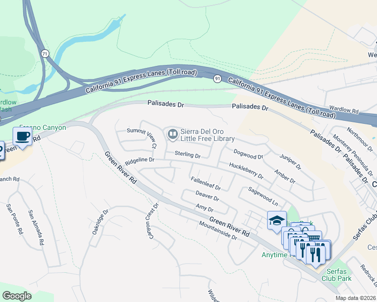 map of restaurants, bars, coffee shops, grocery stores, and more near 3355 Sterling Drive in Corona