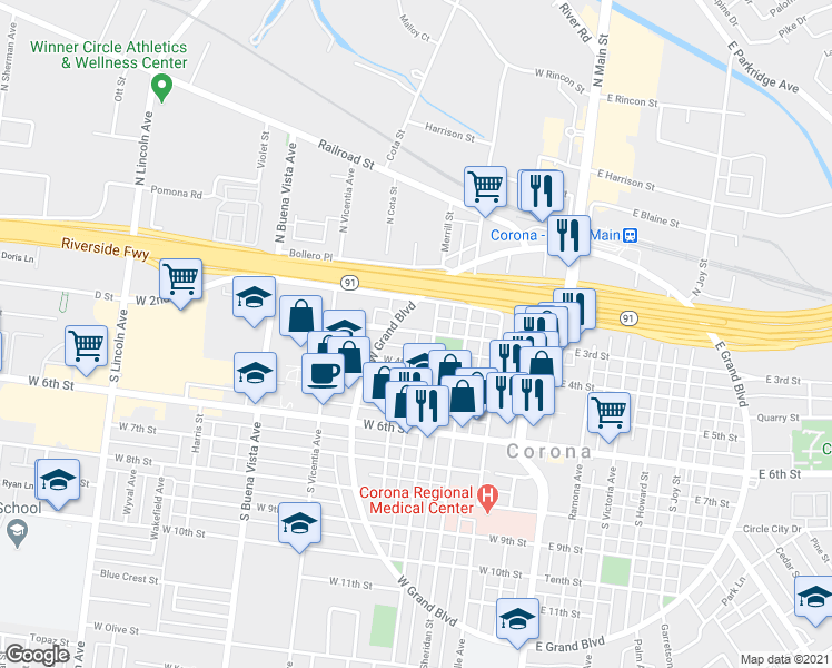 map of restaurants, bars, coffee shops, grocery stores, and more near 520 West 3rd Street in Corona