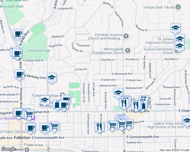 map of restaurants, bars, coffee shops, grocery stores, and more near 800 East Glenwood Avenue in Fullerton