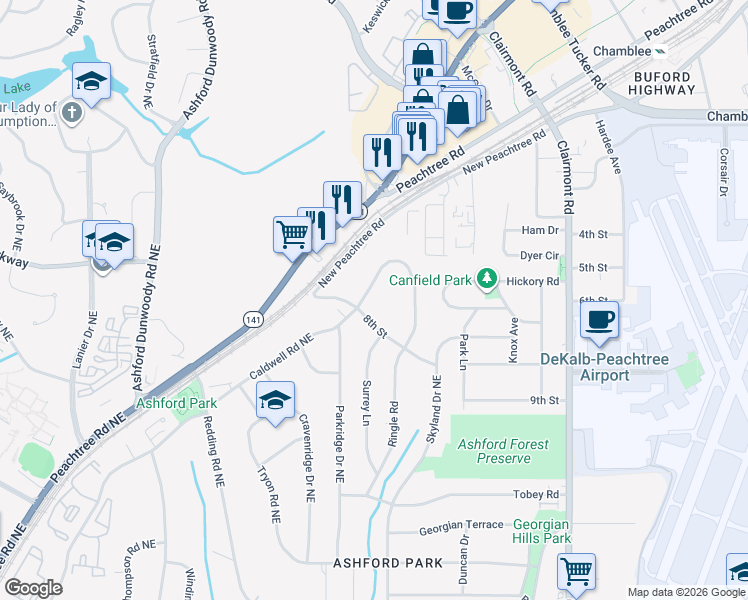 map of restaurants, bars, coffee shops, grocery stores, and more near 3091 Parkridge Crescent in Chamblee