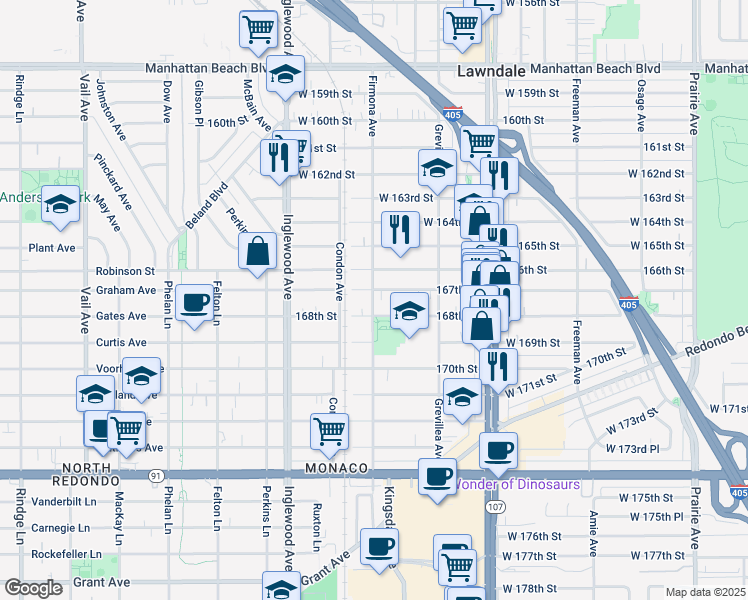 map of restaurants, bars, coffee shops, grocery stores, and more near 16710 Firmona Avenue in Lawndale