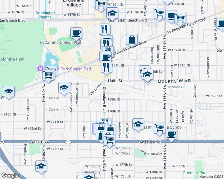map of restaurants, bars, coffee shops, grocery stores, and more near 16642 Crenshaw Boulevard in Torrance