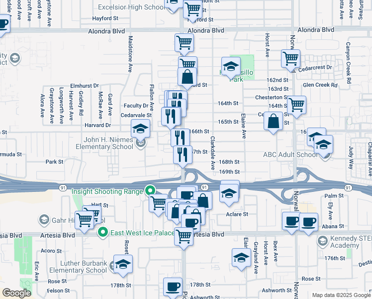 map of restaurants, bars, coffee shops, grocery stores, and more near 16644 Pioneer Boulevard in Artesia
