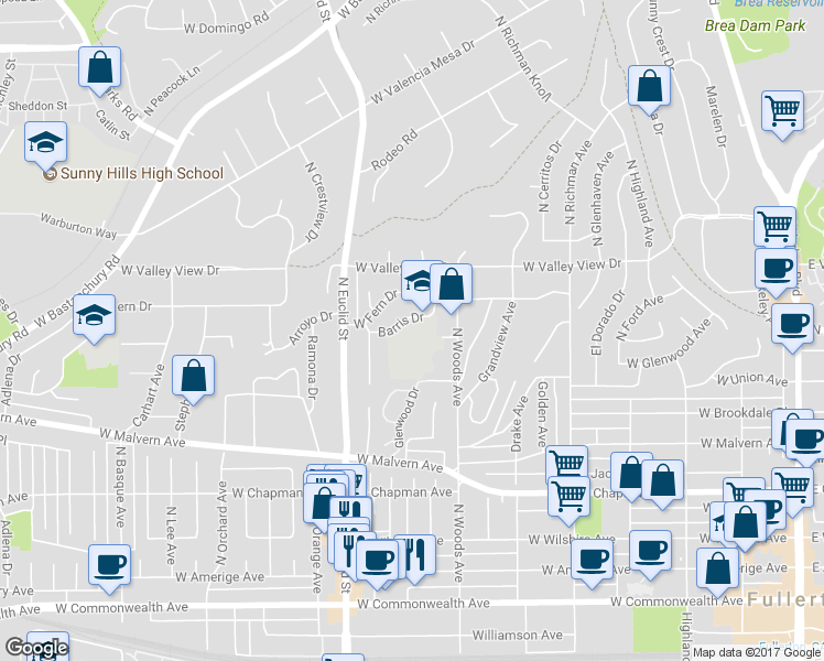 map of restaurants, bars, coffee shops, grocery stores, and more near 732 Barris Drive in Fullerton