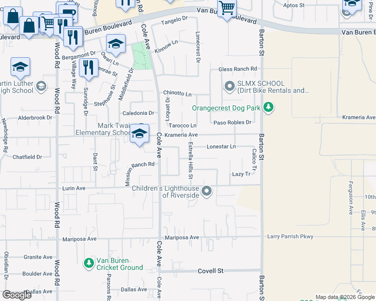 map of restaurants, bars, coffee shops, grocery stores, and more near 9471 Estrella Hills Street in Riverside