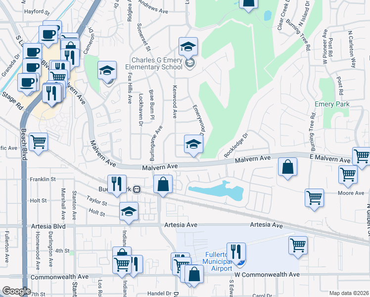 map of restaurants, bars, coffee shops, grocery stores, and more near 8542 Emerywood Drive in Buena Park