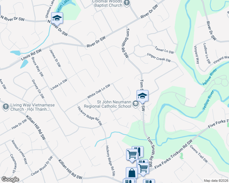 map of restaurants, bars, coffee shops, grocery stores, and more near 3986 White Oak Lane Southwest in Lilburn