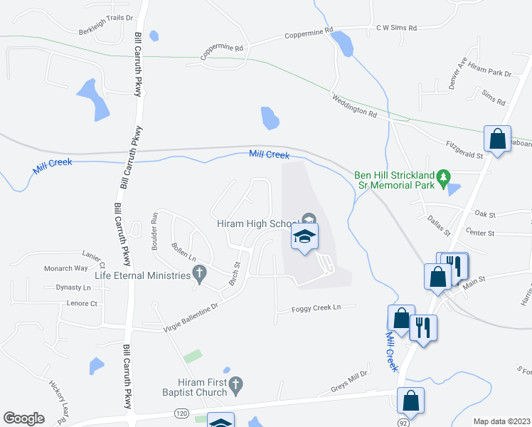 map of restaurants, bars, coffee shops, grocery stores, and more near 159 Baywood Way in Hiram