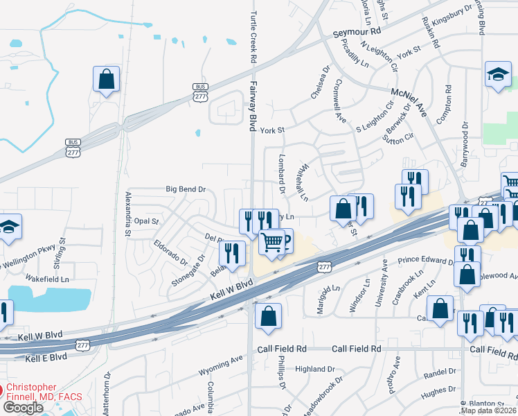 map of restaurants, bars, coffee shops, grocery stores, and more near 4616 Wendover Street in Wichita Falls