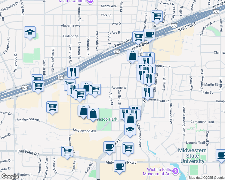 map of restaurants, bars, coffee shops, grocery stores, and more near 3303 Arthur Street in Wichita Falls