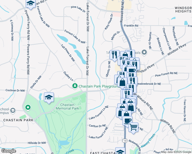 map of restaurants, bars, coffee shops, grocery stores, and more near 4554 Meadow Valley Drive Northeast in Sandy Springs