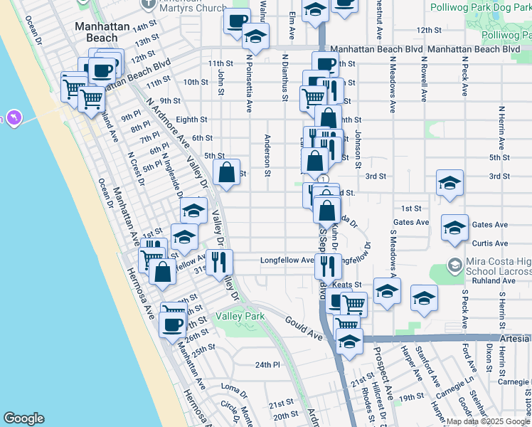 map of restaurants, bars, coffee shops, grocery stores, and more near 922 1st Street in Manhattan Beach