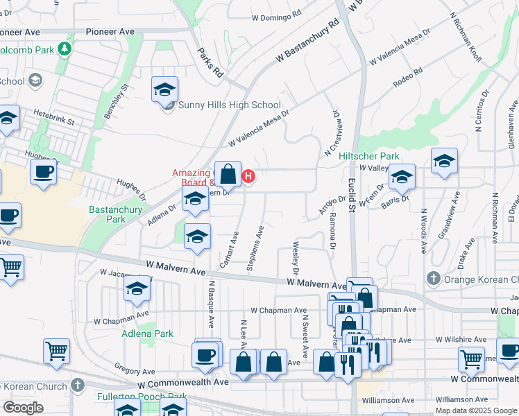 map of restaurants, bars, coffee shops, grocery stores, and more near 811 Stephens Avenue in Fullerton