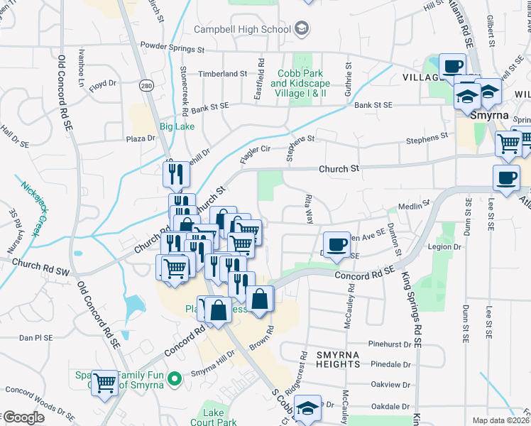 map of restaurants, bars, coffee shops, grocery stores, and more near 3142 Reeves Street in Smyrna