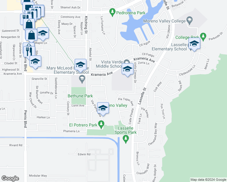 map of restaurants, bars, coffee shops, grocery stores, and more near 25720 Via Wanda Place in Moreno Valley