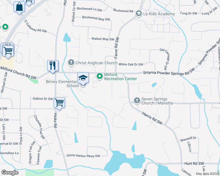 map of restaurants, bars, coffee shops, grocery stores, and more near 3038 Favor Pines Court in Marietta