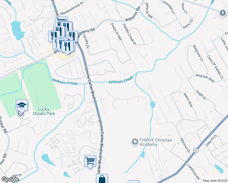 map of restaurants, bars, coffee shops, grocery stores, and more near 6159 Rotondo Place in Norcross