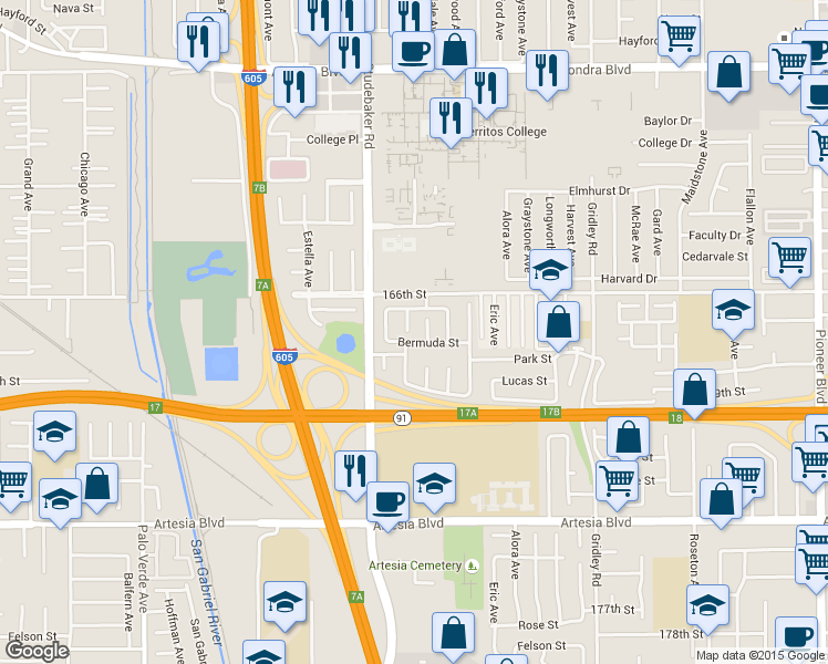 map of restaurants, bars, coffee shops, grocery stores, and more near 16708 Sampan Circle in Cerritos