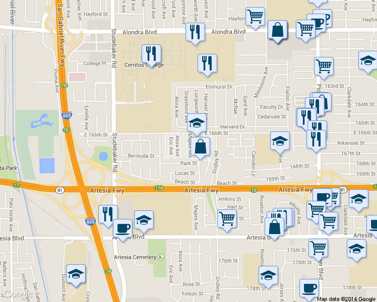 map of restaurants, bars, coffee shops, grocery stores, and more near 16711 Mapes Avenue in Artesia