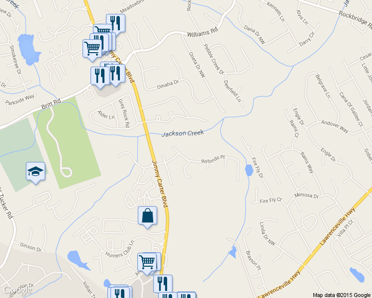 map of restaurants, bars, coffee shops, grocery stores, and more near 6159 Rotondo Place in Norcross