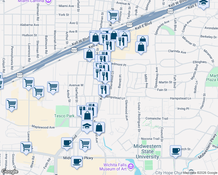 map of restaurants, bars, coffee shops, grocery stores, and more near 3311 Sherwood Lane in Wichita Falls